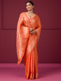 Koskii - Orange Zari Art Silk Saree with Unstitched Blouse