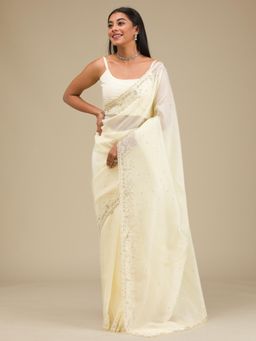 Koskii - Cream Embellished/Sequined Georgette Saree with Unstitched Blouse