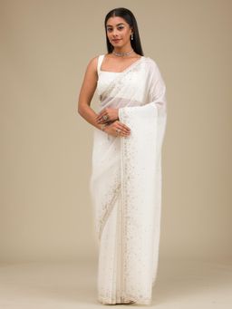 Koskii - Off White Embellished/Sequined Georgette Saree with Unstitched Blouse