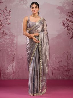 Koskii - Purple Mirrorwork Georgette Saree with Unstitched Blouse