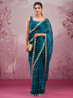 Koskii - Peacock Blue Mirrorwork Georgette Saree with Unstitched Blouse
