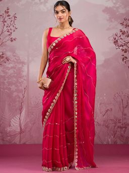 Koskii - Pink Mirrorwork Georgette Saree with Unstitched Blouse