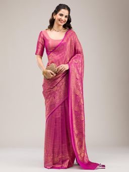 Koskii - Purple Zari Soft Silk Saree with Unstitched Blouse
