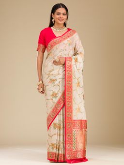 Koskii - Women Zariwork (Gold) Silk Saree With Unstitched Blouse