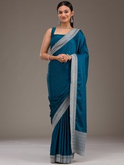 Koskii - Peacock Blue Stonework Satin Saree with Unstitched Blouse