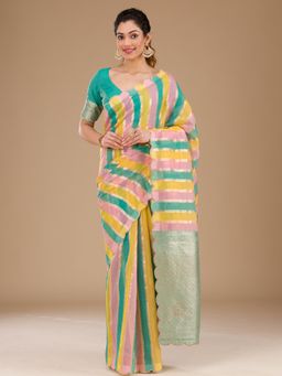 Koskii - Sea Green Zari Tissue Saree with Unstitched Blouse