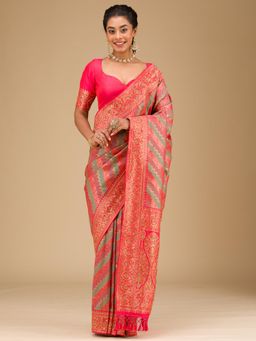 Koskii - Red/Mauve Embellished/Sequined Art Silk Saree with Unstitched Blouse
