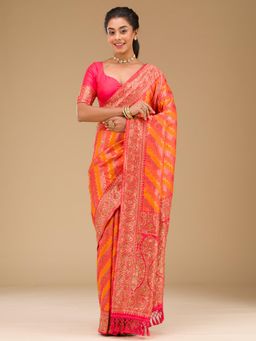 Koskii - Pink/Orange Embellished/Sequined Art Silk Saree with Unstitched Blouse