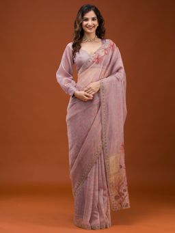Koskii - Women Zariwork (Gold) Organza Saree With Unstitched Blouse