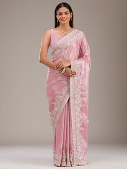 Koskii - Women Zariwork (Silver) Organza Saree With Unstitched Blouse