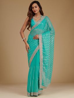 Koskii - Turquoise Blue Stonework Chiffon Saree with Unstitched Blouse