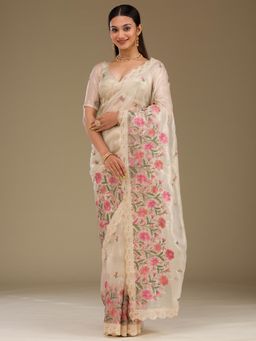 Koskii - Cream Embroidered Tissue Saree with Unstitched Blouse