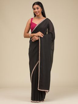 Koskii - Women Stonework (Silver) Soft Raw Silk Saree With Unstitched Blouse