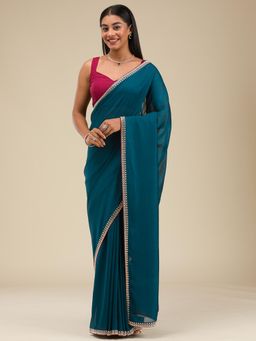 Koskii - Navy Blue Stonework Art Silk Saree with Unstitched Blouse