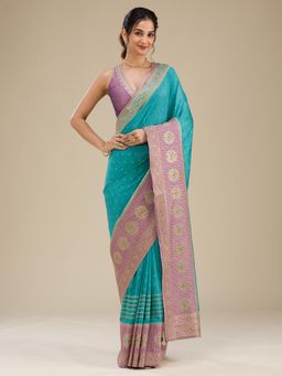 Koskii - Blue Lavender Zari Art Silk Saree with Unstitched Blouse