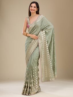Koskii - Pista Green Embellished Soft Silk Saree with Unstitched Blouse