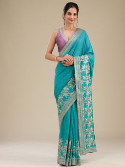 Koskii - Turquoise Blue Zari Art Silk Saree with Unstitched Blouse
