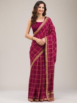 Koskii - Wine Zari Soft Silk Saree with Unstitched Blouse