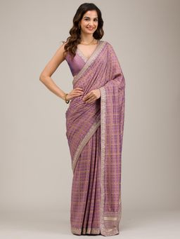 Koskii - Purple Zari Soft Silk Saree with Unstitched Blouse