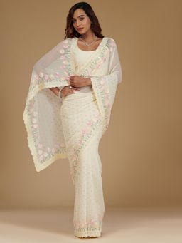 Koskii - Cream Sequins Georgette Saree with Unstitched Blouse