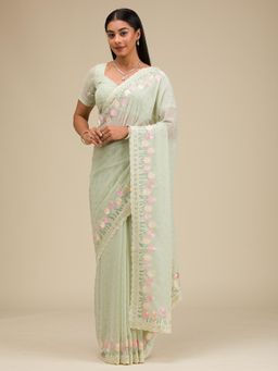 Koskii - Pista Green Sequins Georgette Saree with Unstitched Blouse