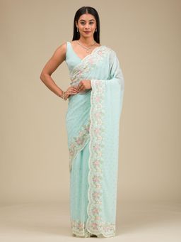 Koskii - Sky Blue Sequins Georgette Saree with Unstitched Blouse