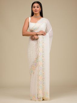 Koskii - Cream Embellished Georgette Saree with Unstitched Blouse