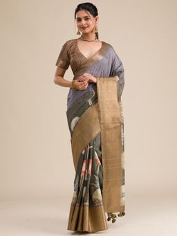 Koskii - Mehendi Printed Art Silk Saree with Unstitched Blouse