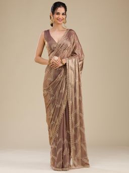 Koskii - Beige Stonework Satin Saree with Unstitched Blouse