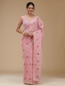 Koskii - Pink Embroidered Tissue Saree with Unstitched Blouse
