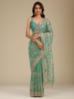Koskii - Sea Green Zari Tissue Saree with Unstitched Blouse