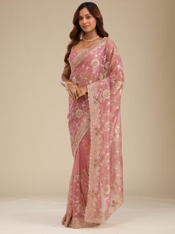 Koskii - Rust Zari Tissue Saree with Unstitched Blouse