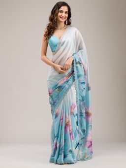 Koskii - Sky Blue Stonework Georgette Saree with Unstitched Blouse