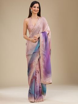Koskii - Women Stonework (Silver) Satin Saree With Unstitched Blouse