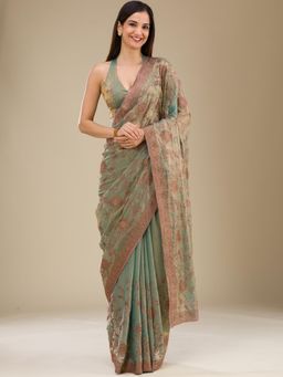 Koskii - Pista Green Embroidered Raw Silk Saree with Unstitched Blouse