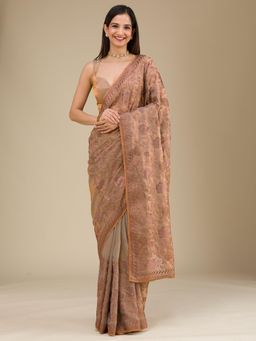 Koskii - Women Threadwork Tissue Saree With Unstitched Blouse