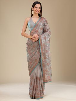 Koskii - Light Grey Embellished Raw Silk Saree with Unstitched Blouse