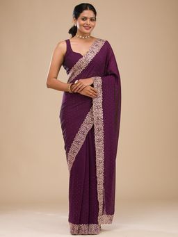 Koskii - Wine Zari Soft Silk Saree with Unstitched Blouse