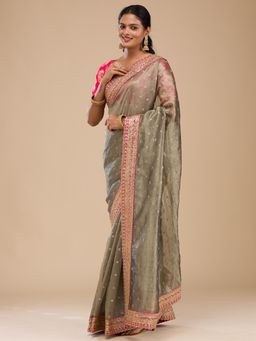 Koskii - Women Sequins Tissue Saree With Unstitched Blouse
