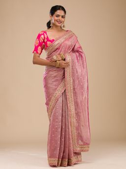 Koskii - Women Sequins Tissue Saree With Unstitched Blouse