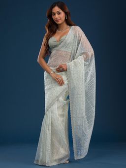 Koskii - Women Stonework (Silver) Tissue Saree With Unstitched Blouse