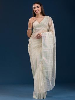 Koskii - Women Stonework (Silver) Tissue Saree With Unstitched Blouse