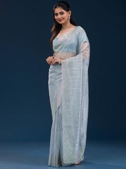 Koskii - Sky Blue Stonework Tissue Saree with Unstitched Blouse