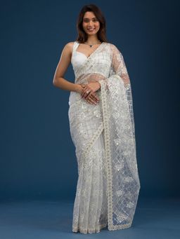 Koskii - Off White Sequins Net Saree with Unstitched Blouse