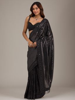 Koskii - Black Sequins Georgette Saree with Unstitched Blouse