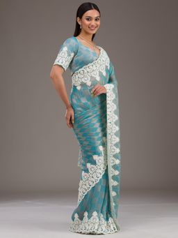 Koskii - Turquoise Blue Embellished/Sequined Tissue Saree with Unstitched Blouse