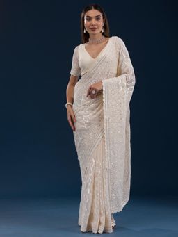 Koskii - Cream Embellished Georgette Saree with Unstitched Blouse