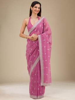 Koskii - Onion Pink Zari Tissue Saree with Unstitched Blouse