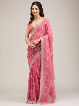 Koskii - Pink Zari Tissue Saree with Unstitched Blouse