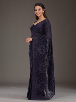 Koskii - Navy Blue Embellished Georgette Saree with Unstitched Blouse